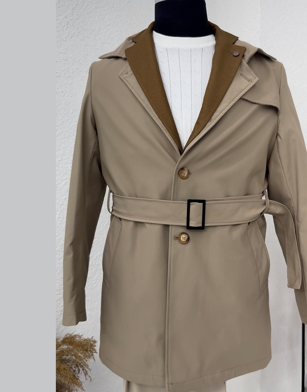 Regular Fit Beige Belted Coat/Trench Coat